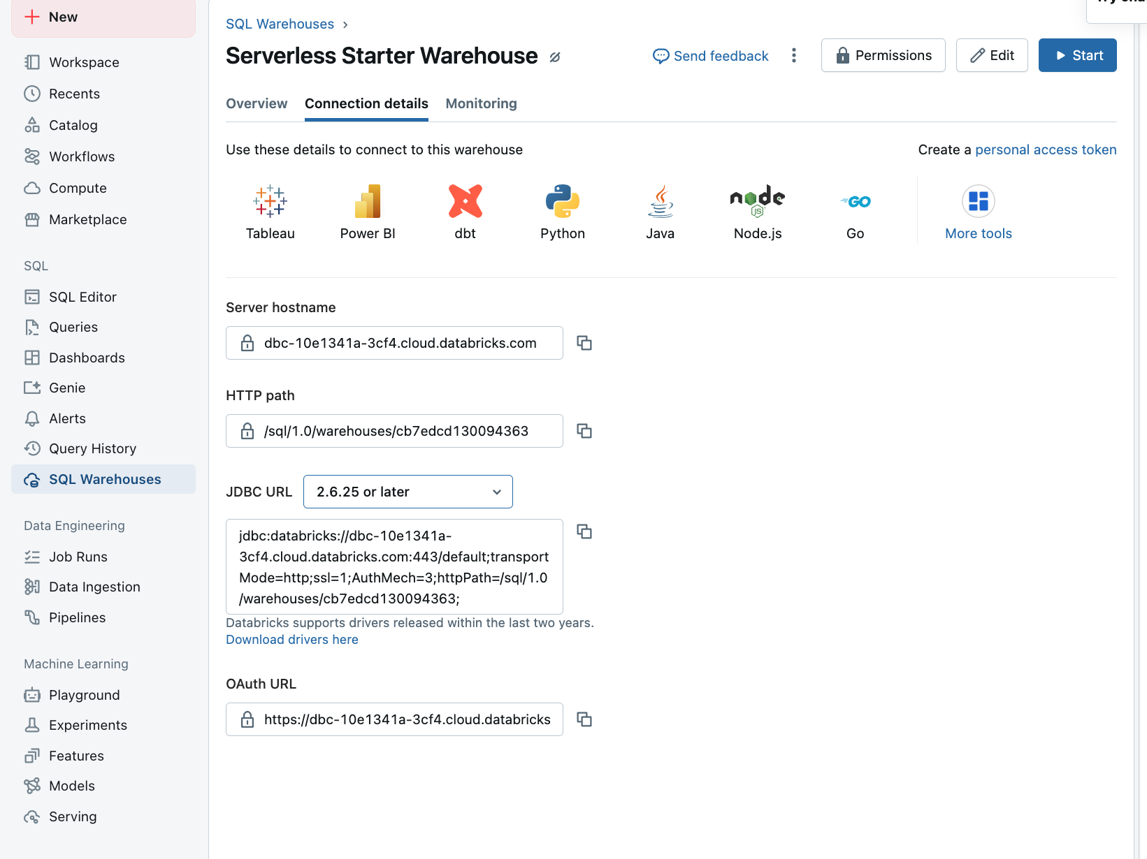 Retrieve Databricks connection details